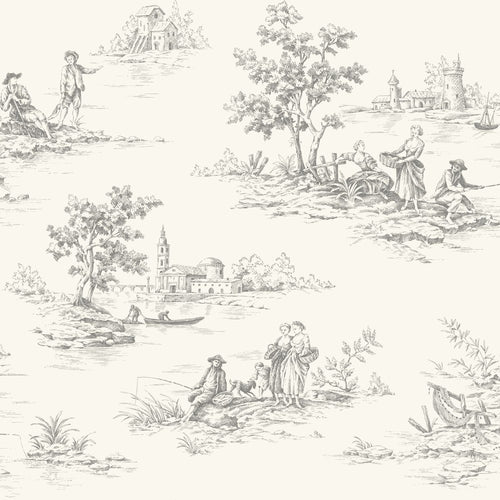 ESTAhome behang toile de jouy print grijs - 50 x 900 cm - 132106