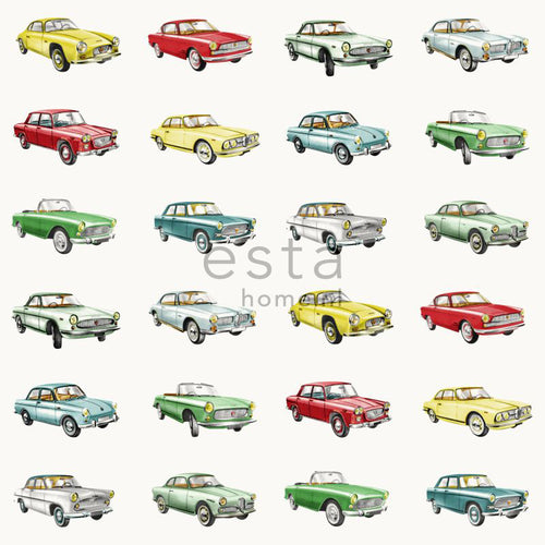 ESTAhome behang vintage auto's rood, geel en groen - 53 cm x 10.05 m - 138731