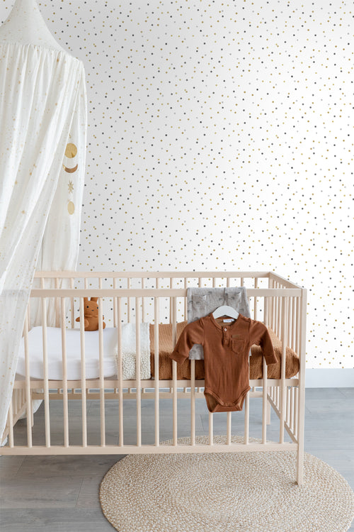 ESTAhome behang stippen goud, lichtgrijs en donkergrijs - 53 cm x 10.05 m - 139050