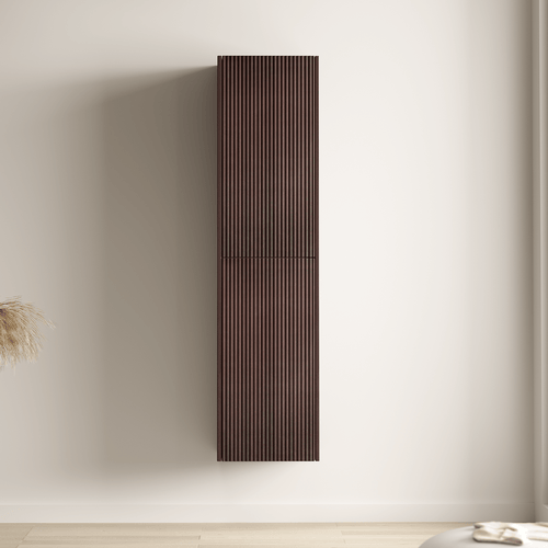 LOMAZOO badmeubelset Tropani - geribbeld - opbouw - met hoge kast & zwarte waskom - walnoot - 80 cm