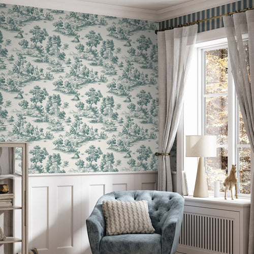 Sanders & Sanders behang toile de jouy print groen - 53 cm x 10 m - 641033
