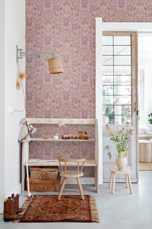ESTAhome behang bloemen en vogels oudroze en lila paars - 50 x 900 cm - 131209