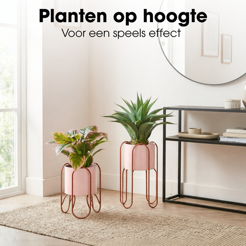 Mica Decorations Donau Bloempot op Standaard – Set van 2 – Plantenpot voor Bloemen en Kamerplanten – Bloempotten voor Binnen – IJzer – Roze