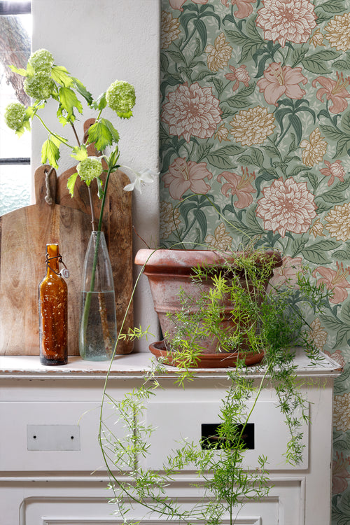 ESTAhome behang vintage bloemen groen en oudroze - 53 cm x 10.05 m - 139378