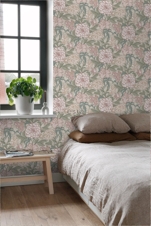ESTAhome behang vintage bloemen oudroze en vergrijsd groen - 53 cm x 10.05 m - 139377