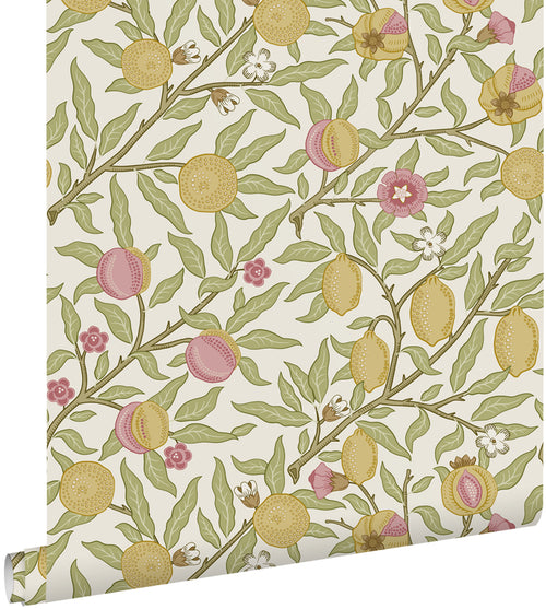 ESTAhome behang exotisch fruit en bladeren groen, roze en okergeel - 50 x 900 cm - 131169 - vtwonen shop