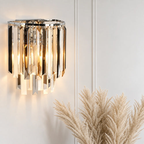 Searchlight wandlamp Clarissa - 2 lichts - 16  x 28   cm - chroom transparant amber rookglas