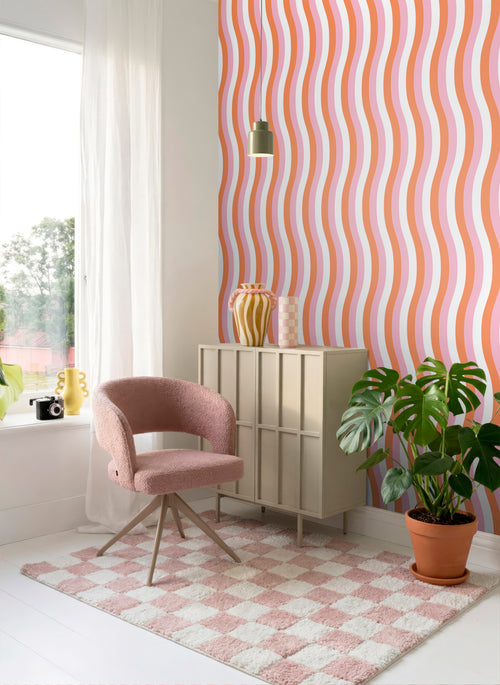 ESTAhome behang golvende strepen oranje en roze - 50 x 900 cm - 131613