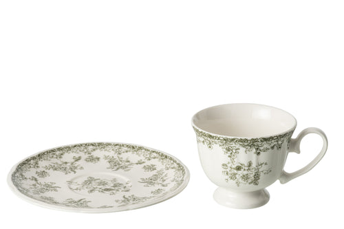 J-Line kopje + schoteltje Bloemen - keramiek - donkergroen/wit - 6 stuks
