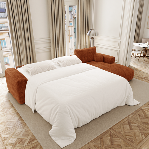 Premium Interiors - Rechthoekige hoekbank met snelle slaapfunctie COMO - weefsel met ruitpatroon, voelt zacht aan terracotta 300cm