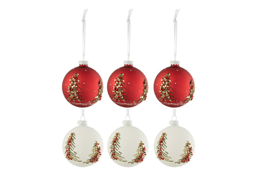 J-Line kerstbal Kerstbomen Glitters - glas - wit/rood - small - doos van 6 - vtwonen shop