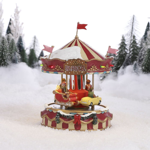 Luville Little Carousel - Kerstdorp Miniatuur Draaimolen met Verlichting - Kerstversiering voor Binnen - Guirlande op Batterijen - Kerstslingers
