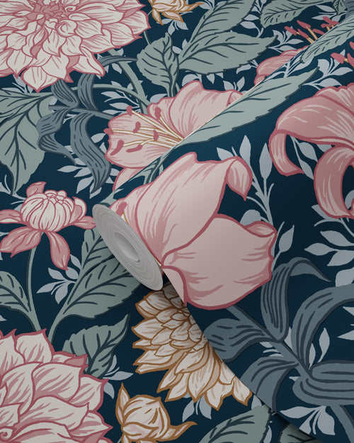 ESTAhome behang vintage bloemen blauw en oudroze - 53 cm x 10.05 m - 139382