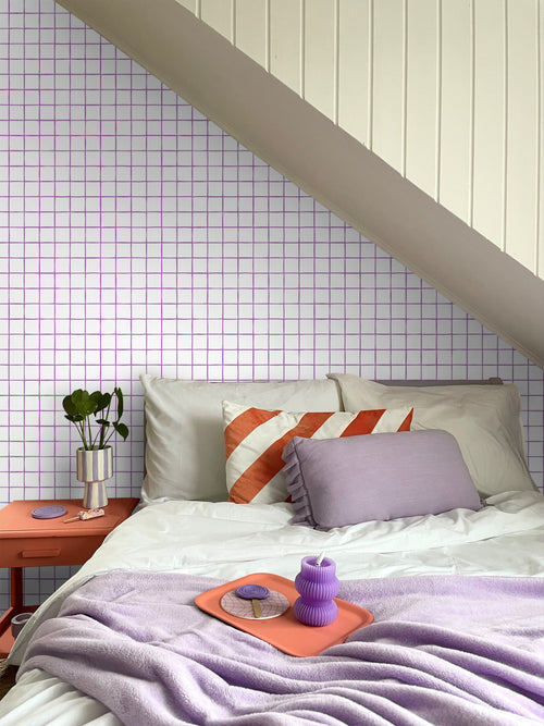 ESTAhome behang geblokt motief paars en wit - 50 x 900 cm - 131276 - vtwonen shop