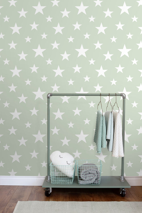 ESTAhome behang grote en kleine sterren mintgroen en wit - 53 cm x 10.05 m - 128865