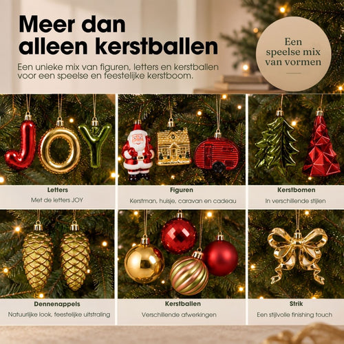 Mica Decorations Kerstornamentenset JOY - Set van 26 Onbreekbare Kerstballen in Rood, Donkergroen en Goud - Kerstboomversiering van Gerecycled