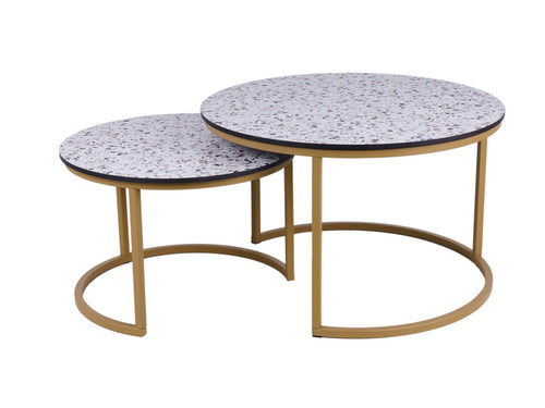 MaximaVida ronde salontafel set Lucca XL 75 en 58 cm champagne goud – HPL terrazzo look - vtwonen shop