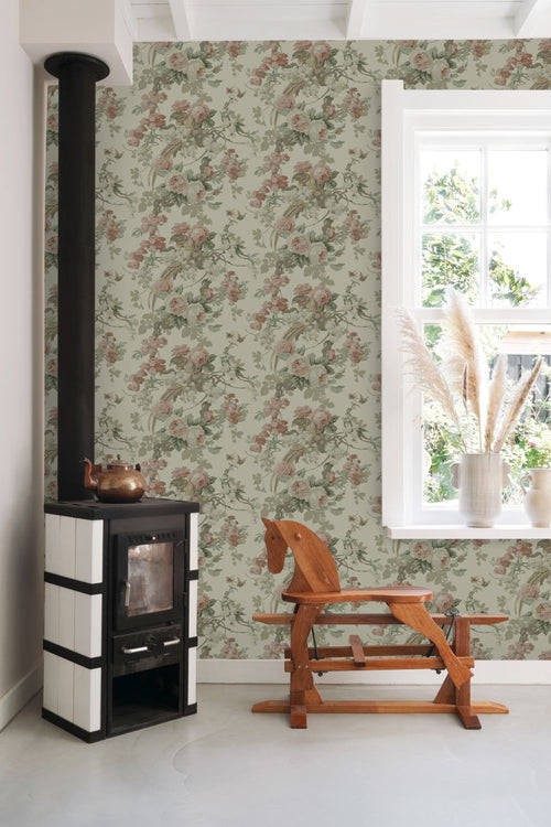 ESTAhome behang bloemen en vogels vergrijsd groen - 50 x 900 cm - 139810