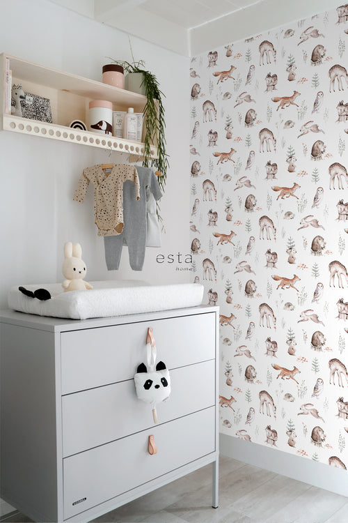 ESTAhome behang vintage bosdieren wit, oranje en bruin - 53 cm x 10.05 m - 139399