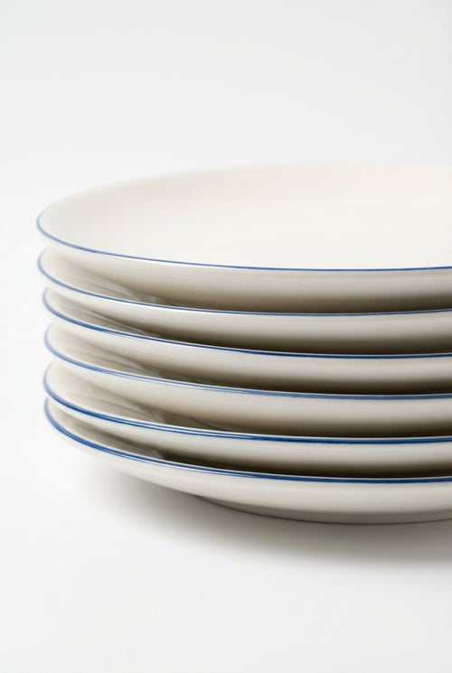 vtwonen - Lunchbord - Wit/Blauw Lijn - Porselein - 23cm - Set van 6