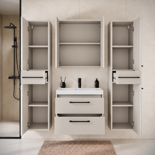 Badplaats Badkamermeubel Set Florence 60 cm XL – Beige – Hangend Badmeubel met Wastafel, Spiegelkast en Zijkasten