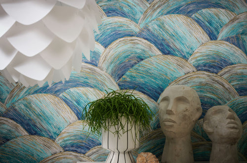 Livingwalls behang art deco bogen blauw, turquoise, goud en grijs - 53 cm x 10.05 m - AS-391051