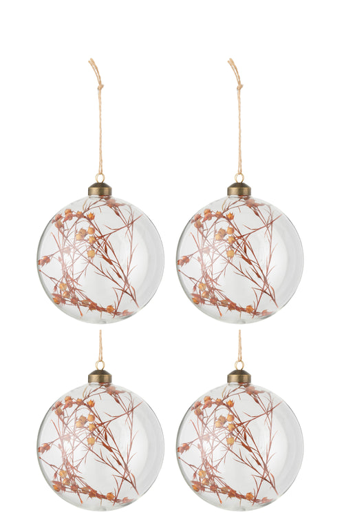 J-Line kerstbal Gedroogde Bloemen - glas - transparant/roest - large - doos van 4