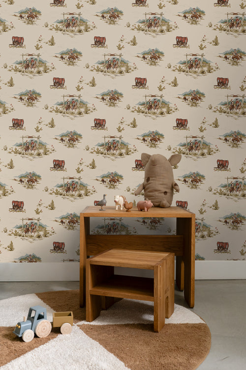 ESTAhome behang cowboys donker beige, blauw en groen - 50 x 900 cm - 131411 - vtwonen shop