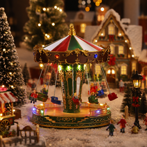 Luville Kerstdorp Miniatuur Kermisattractie Zweefmolen - Kerstversiering met Draaiende Stoeltjes en Verlichting - Guirlande voor Kerstdorp -