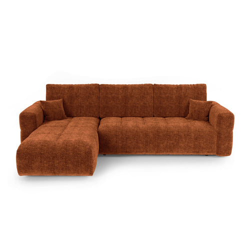 Premium Interiors - Linkshoekbank met slaapfunctie en opbergruimte VIBE - zacht aanvoelende geweven stof terracotta 286cm