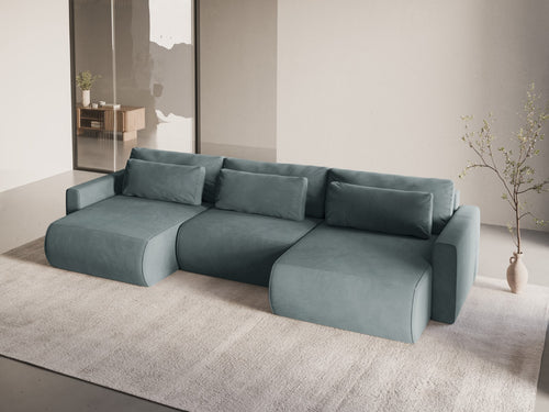 Cosmopolitan Design Converteerbare panoramische bank met opbergdoos Belfast 4-zits, flueel blauw grijs - 149x340x84cm