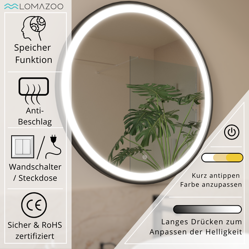LOMAZOO badkamerspiegel Florence - met LED verlichting & anti condens - rond - zwart - 80 cm