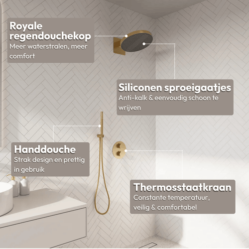 LOMAZOO inbouwdoucheset Ayla - met thermostaatkraan & staafhanddouche - goud - 30 cm
