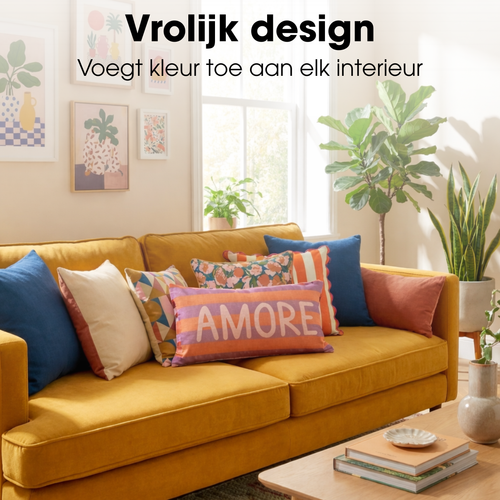 Mica Decorations Amore Sierkussen - Kussen met Kussenhoes - Woondecoratie Woonkamer - 55 x 35 x 10 cm - Katoen, Linnen, Polyester - Oranje, Paars,