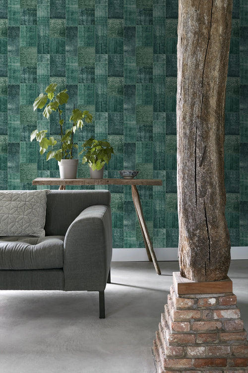 ESTAhome behang Marrakech kelim patchwork tapijt smaragdgroen - 53 cm x 10.05 m - 148652