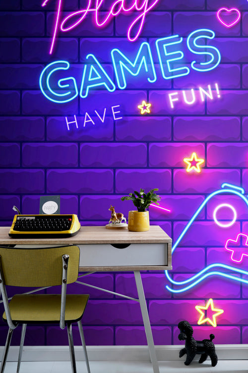 Sanders & Sanders fotobehang neon game room paars en blauw - 250 x 279 cm - 950071 - vtwonen shop
