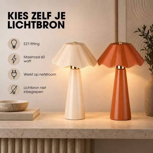 Mica Decorations Meera Tafellamp Roest - Keramische Tafellamp met Geplooide Lampenkap en Metalen Details - Geschikt voor E27 Lichtbron tot 60W met