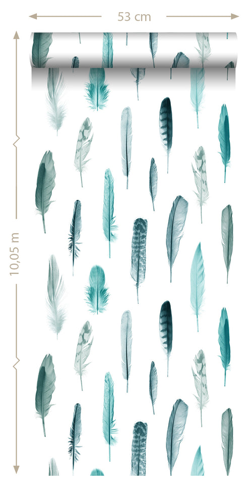ESTAhome behang veren turquoise en mat wit - 53 cm x 10.05 m - 138895