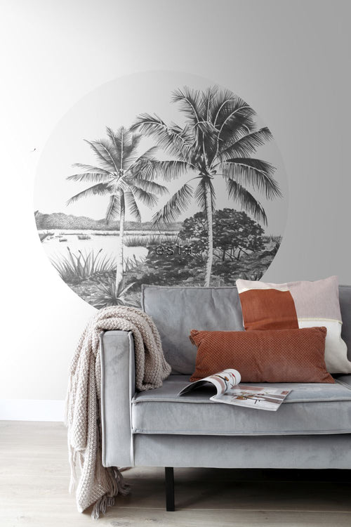 ESTAhome zelfklevende behangcirkel tropisch landschap met palmbomen zwart wit - Ø 140 cm - 159005 - vtwonen shop