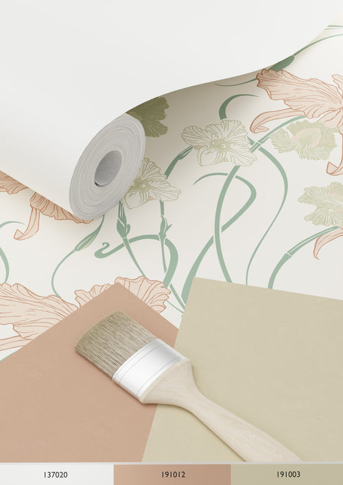 ESTAhome behang vintage bloemen in art nouveau stijl roomwit, zacht roze en vergrijsd groen - 53 cm x 10.05 m - 139666 - vtwonen shop