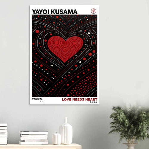 Artfulprints Poster met Lijst Yayoi Kusama - Love needs heart   - 50x70 cm - Zwart