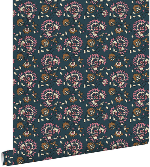 ESTAhome behang vintage bloemen donkerblauw en paars - 50 x 900 cm - 131820