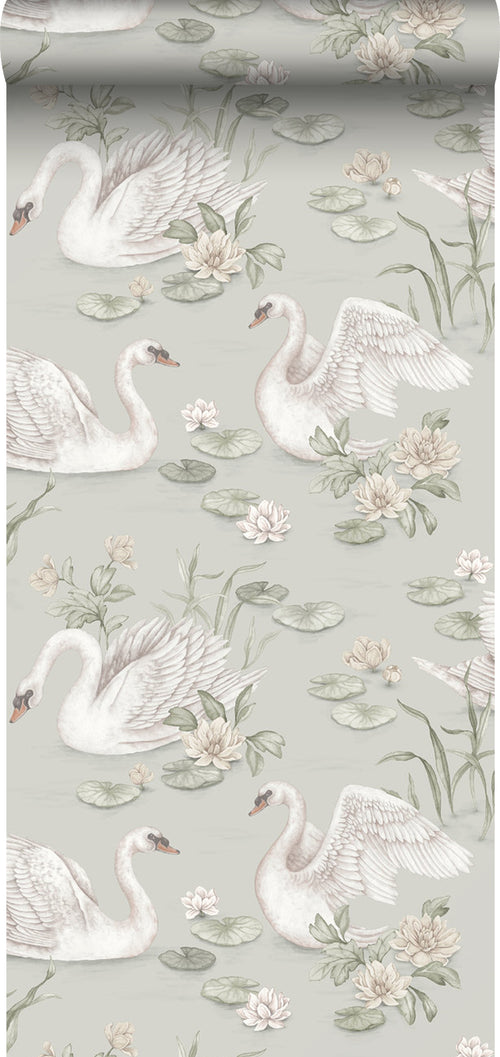 Borastapeter behang zwanen groen - 53 cm x 10.05 m - 660609 - vtwonen shop