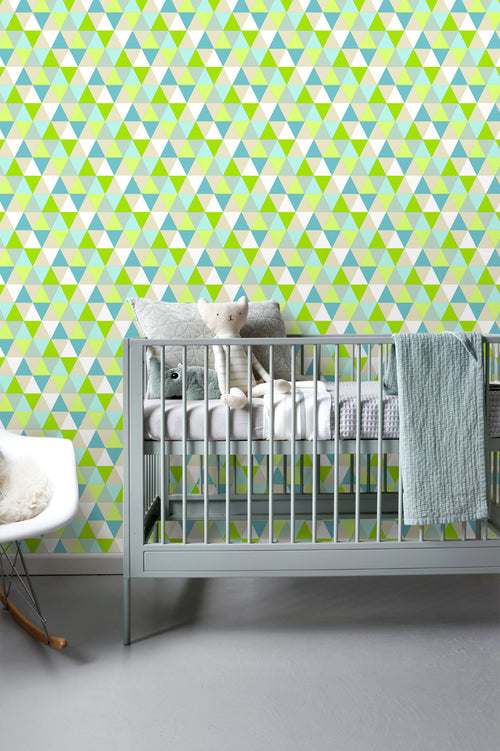 ESTAhome behang driehoekjes limegroen, turquoise en beige - 53 cm x 10.05 m - 138713