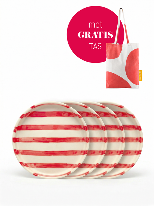 vtwonen - Gebaksbord - Strepen - Rood - Keramiek - 13cm - Set van 4