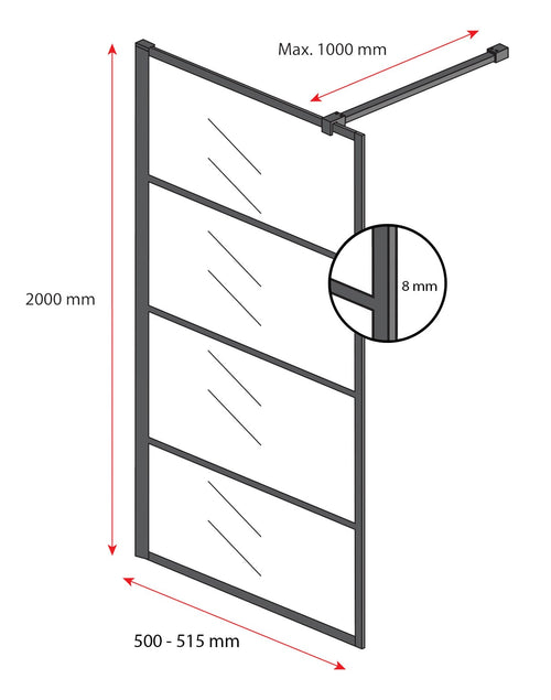 Badplaats Douchewand Essos 50 x 200 cm – Zwart – Inloopdouche 8 mm Rookglas