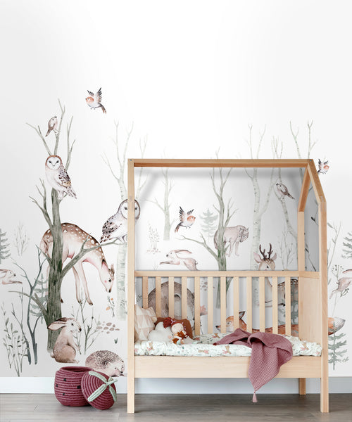 ESTAhome fotobehang vintage bosdieren wit en bruin - 250 x 279 cm - 159240