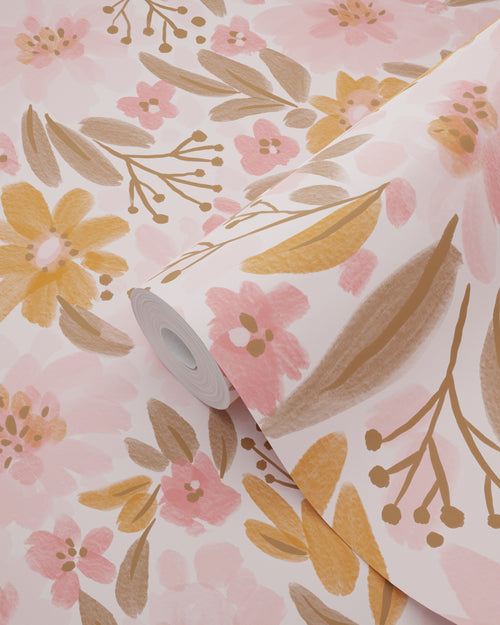 ESTAhome behang bloemen roze, oranje en vergrijsd groen - 50 x 900 cm - 130925