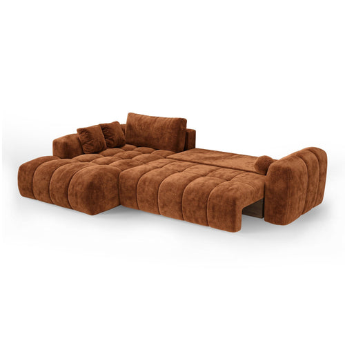 Premium Interiors - Linkshoekbank met slaapfunctie en opbergruimte SKY - gewaafd fluweel terracotta 310cm