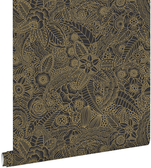 ESTAhome behang bloemtekeningen zwart en goud - 53 cm x 10.05 m - 139563